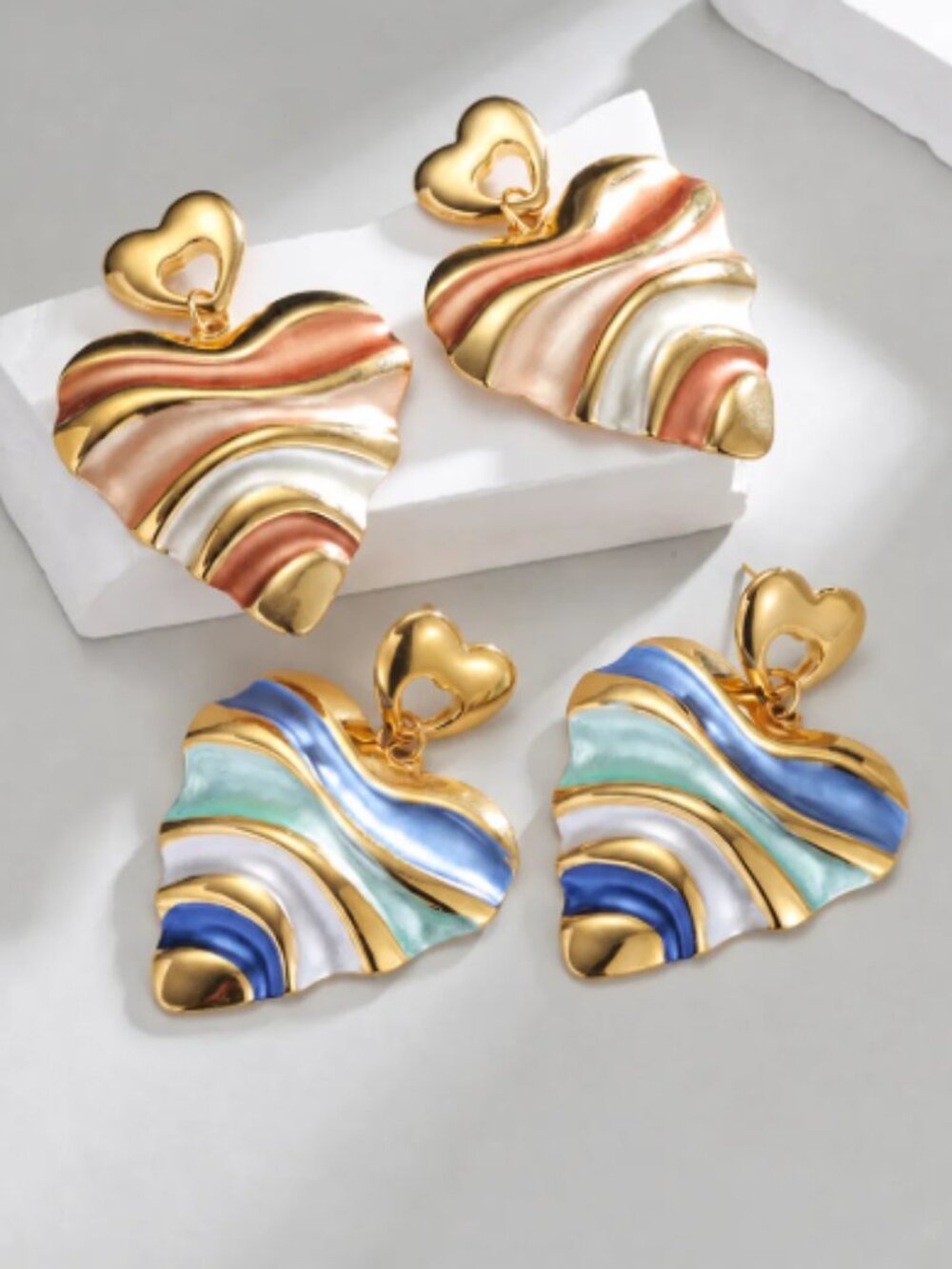 Gold Plated Wavy Enamel Heart Drop Earrings (Two Colors)